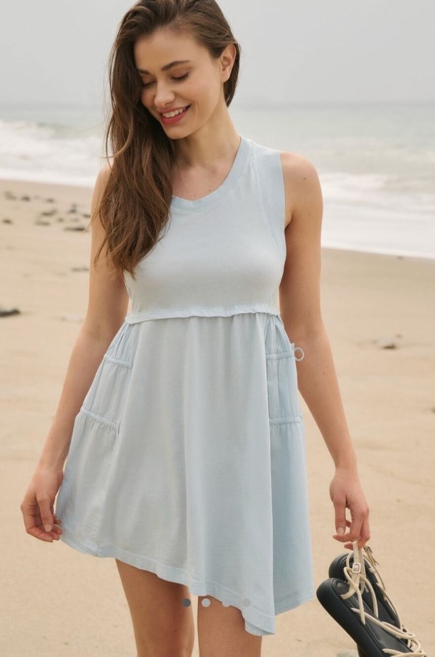 Anthropologie Blue Cotton Tiered Babydoll Mini Dress Coastal Minimalist Cottage